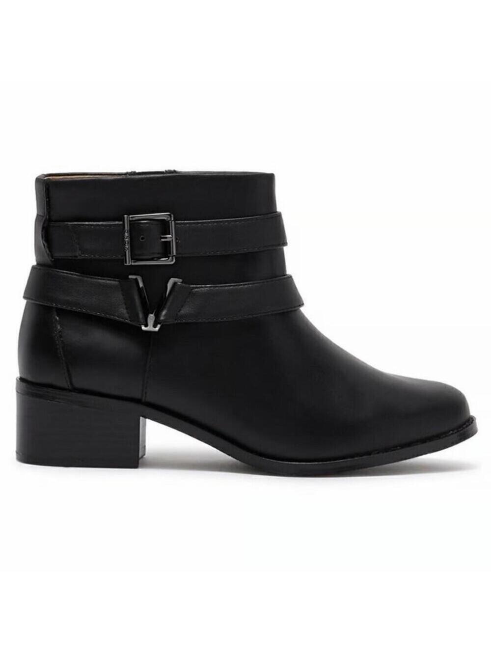 Vionic Womens 7 Black Leather Ankle Boots Zip Buckles 1.75 inch Heel NEW IN BOX